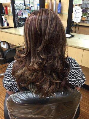 Red Violet haircolor with a few highlights and a beautiful blow dry style!