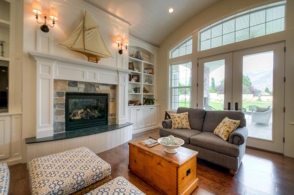 Custom fireplace cabinetry, barrel vault in Family room.