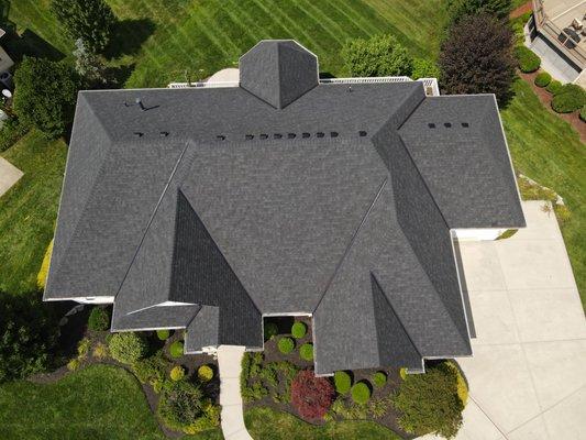 Drone footage of a roof we just completed in Mason. Looks great with Certainteed Landmark Moire Black shingles.