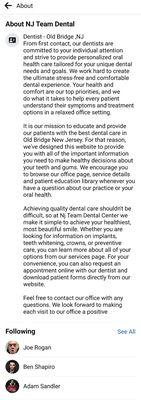 NJ Team Dental's Facebook "About" page.