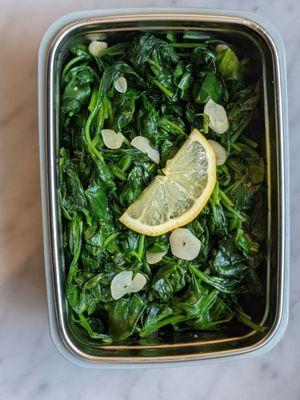 Wilted spinach with garlic and lemon.