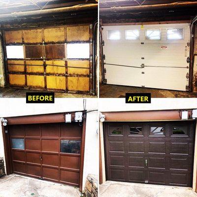 interior and exterior view of brown residential overhead garage door before and after