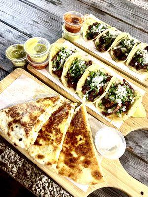 Chicken Quesadilla, Steak taco, El pastor