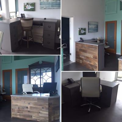 Desk assembly with custom reclaimed wood privacy panels