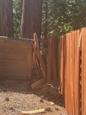 The backyard fence dilapidated and falling apart