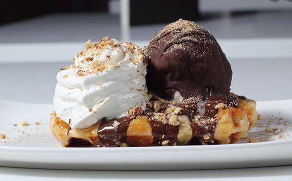 Our chocolate hardens over ice-cream -Liege Waffle