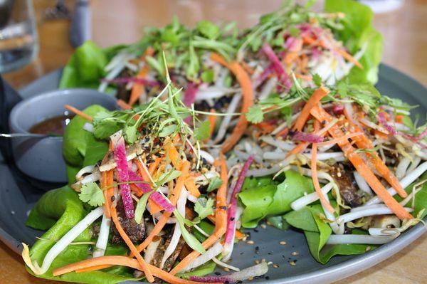 The Portobello Wraps were made with Bulgogi marinade, grilled portobello, bibb lettuce, carrot, sprouts, radish, cilantro, & toasted garlic.