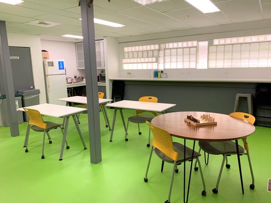 The lower level at CLICK Workspace, complete with a full kitchenette.