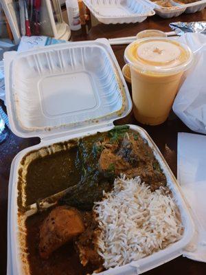 Three-item combo: saag, jackfruit, and aloo curry with mango lassi