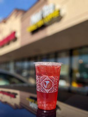 Raspberry tea with lychee popping boba. It's a large. It was also 17°C.