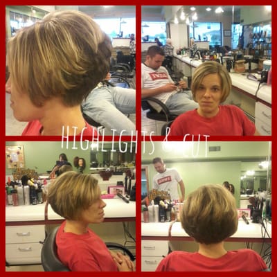 Asymmetrical stack cut with blond highlights ! By Michelle @ The main st barbershop !