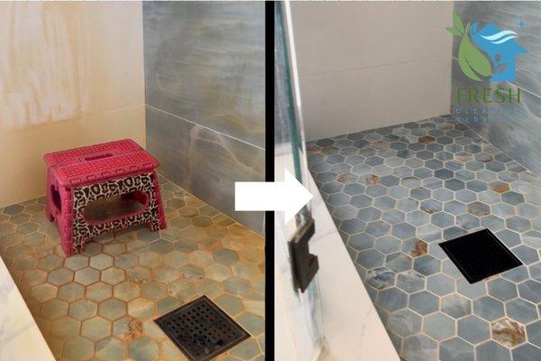 A before and after of a dirty, rusty shower floor