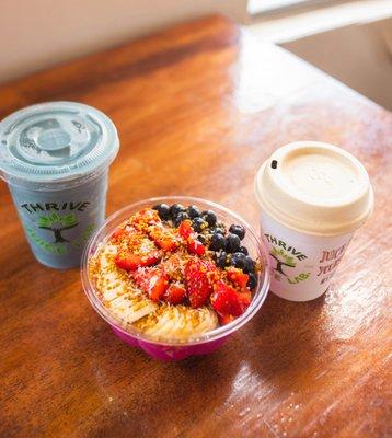 Blue Laguna smoothie, Pitaya Bowl with Bee Pollen, and Thrive Cafe Melange with Lavender syrup.