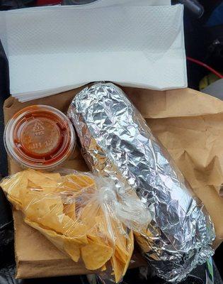 Reg Burrito,  free chips, napkins