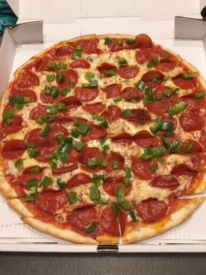 15" with pepperoni and green pepper!