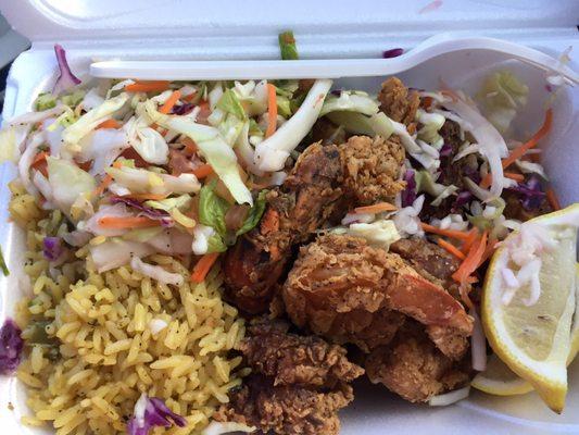 Chef Ena's special yellow rice  omg delish! Fried jumbo shrimp, crawfish, coleslaw, side of picklies  (special order)  #noms #delish