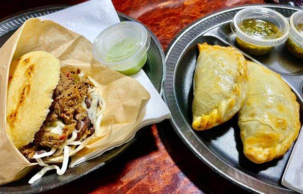 Pabellon Arepa and beef empanada