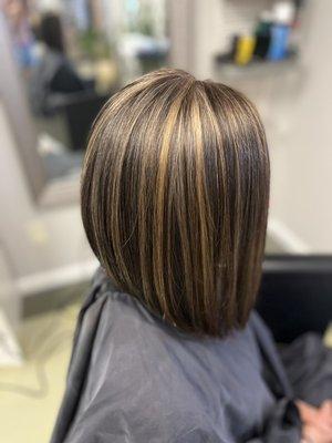 Caramel highlights with an A-line bob, color correction