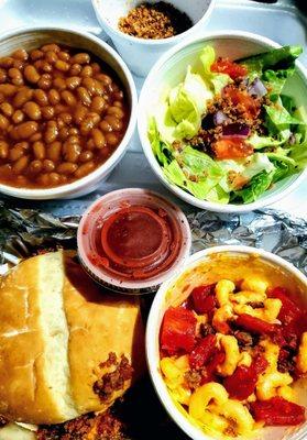 SMOKED SLOPPY JOE, Smoked bacon mac n cheese, stewed tomatoes, baked beans and side salad. BEST HOME COOKED FOOD AROUND!