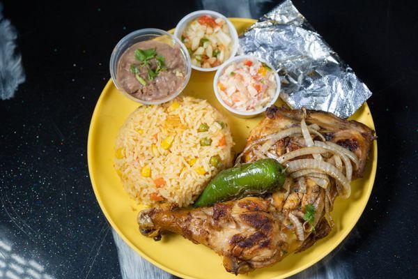 Baked Chicken with rice, beans, salad, 2 corn tortillas