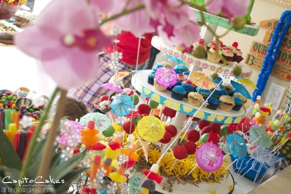 Hawaiian Luau Candy and Dessert Buffet, cake pops, cupcakes