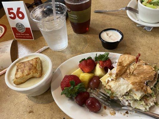 Chicken Pot Pie and California Club Sandwich with fruit cup