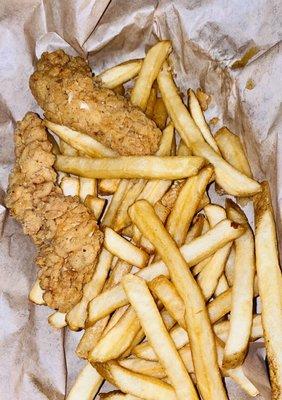 Chicken strips appetizer with fries-- it came with two, because the other two was still cooking!