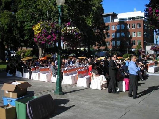 A large patio which faces picturesque Pioneer Park is available for outdoor events.  Seating capacity is 350.