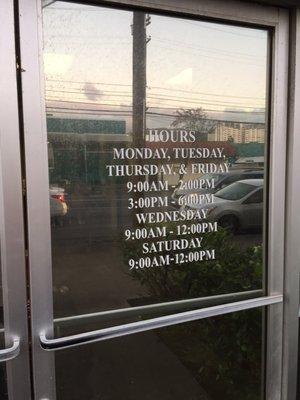 Clinic hours. Note they are closed for lunch from 2:00-3:00PM.