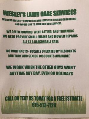 We offer free estimates and military and senior discounts.