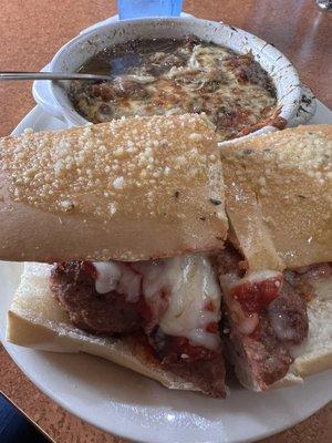 Meatball sub with french onion soup combo