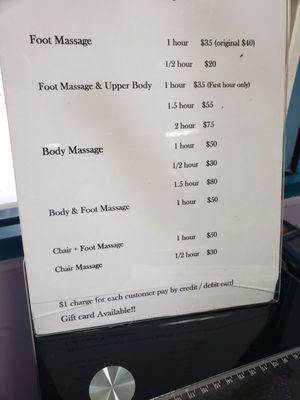 massage menu and price