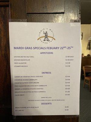 Upcoming Mardi Gras menu.