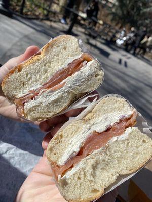 Smoked salmon with cream cheese on everything bagel