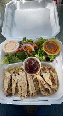 Chicken bowl with ginger dressing and yum yum sauce