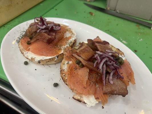 Bagel deluxe cream cheese salmon bacon capers red onions