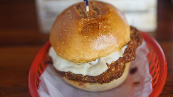 Fried golden mushroom sandwich w/ red cabbage, slaw, provolone cheese, & house hot sauce . "Pablo Portobello"