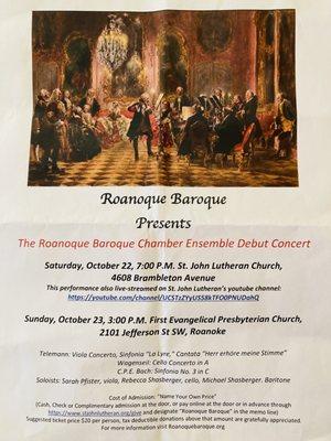 Roanoque Baroque Debut Concert at St. John Lutheran Church