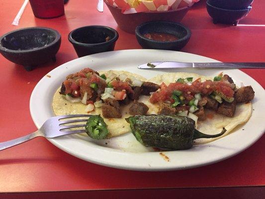 Carne Asada tacos with grilled jalapeño. Incredible!