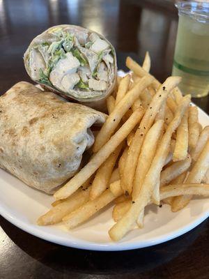 Chicken Caesar Wrap with fries.