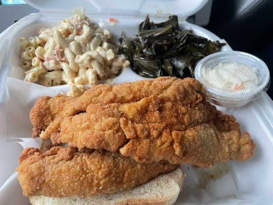 Trout dinner with collards and shrimp macaroni salad