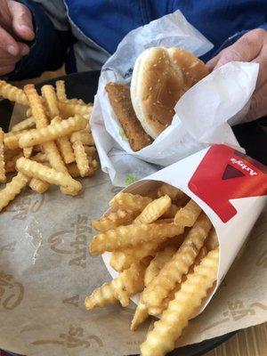 Fish sandwich and crinkle fries