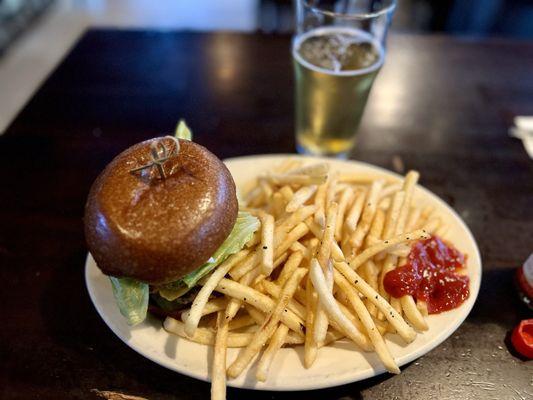 Greyhound burger, fries, and a lager