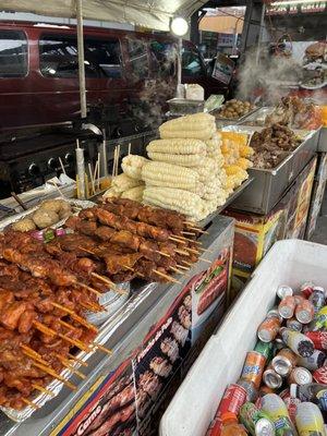 BBQ Skewers, Elote, Drinks