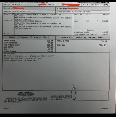 Original bill for "fuel rail temperature gage" which was not needed.