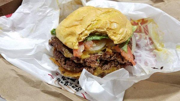 Tasty double smash burger!!  Very juicy..  seems like the smash sauce has lots of mustard in it.