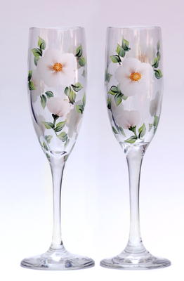 White Beach Roses Set of 2 Champagne Toasting Flutes