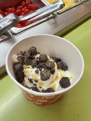 Vanilla FroYo topped with mini caramel cups, brownie bites, & caramel syrup! YUM!