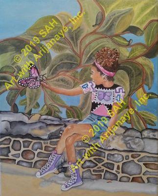 Oil painting| Girl in purple high top tennis| lavender| Butterfly| Brick wall| Natural hairstyle| Summertime|