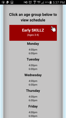 Another screenshot of their website saying they have kid classes at 6pm, which is also a lie